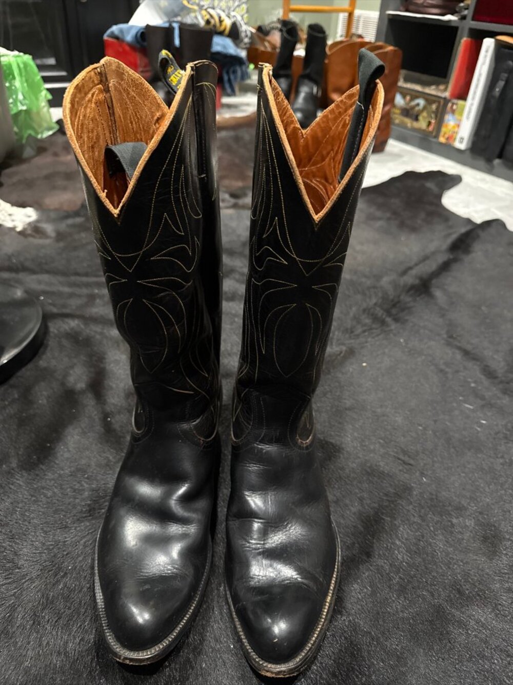 JUSTIN FT WORT Vintage USA BLACK COWBOY WESTERN DANCEHALL RODEO RANCH BOOTS 12D